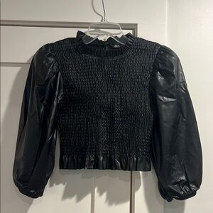 Zara Black Pleather Faux Leather Smocked Puff Sleeve Top